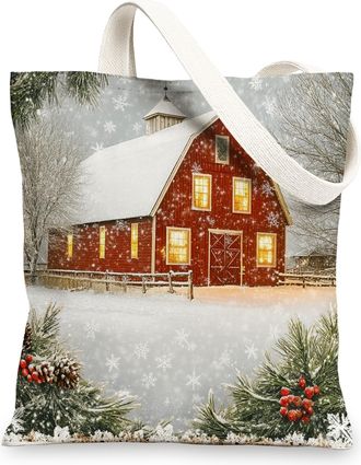Generic Winter Farmhouse Christmas Canvas Tote Bag for Shopping 13x15, Country Barn Xmas Scenic Reusable Grocery Print Bag for Women Men, Farm Holiday Aesthet