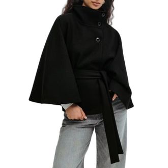 Generic Women Batwing Sleeve Ponchos Pea Coat, Oversized Belted Trendy Casual Stand Collar Cloak Cape Coats (Black,S)