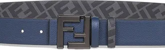 Fendi Mens Belt Squared Ff Reversible Leather-Canvas Blue Calf Leather
