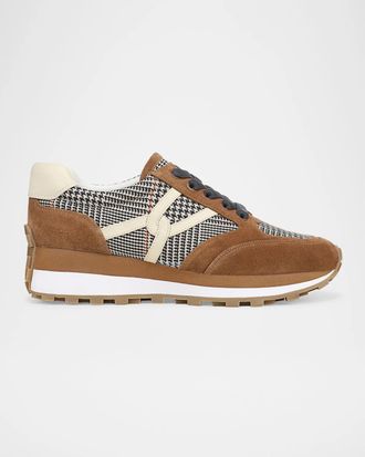 Veronica Beard Valentina Houndstooth Mixed Leather Retro Sneakers