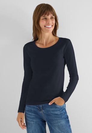 Cecil Langarmshirt CECIL Style Pia, Damen, Gr. XXL (46), universal blau, Jersey, Obermaterial: 100% Baumwolle, regular fit normal, Rundhals, gerader Abschlu