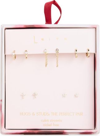 Leith Set of 5 Cubic Zirconia Baguette Stud & Hoop Earrings in Clear- Gold at Nordstrom Rack