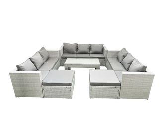 Fimous Rattan Garden Outdoor Furniture Set 11 Seater Garden Sofa Oblong Coffee Table Set with 2 Big Footstools Light Grey Mixed
