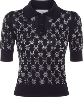 Philipp Plein Tops, Dames, Blauw, XS, Wol, Knitted Strass Polo-Neck SS Monogram