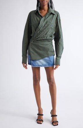 Alexander Wang Long Sleeve Check & Denim Wrap Dress in Green/Navy at Nordstrom, Size 10