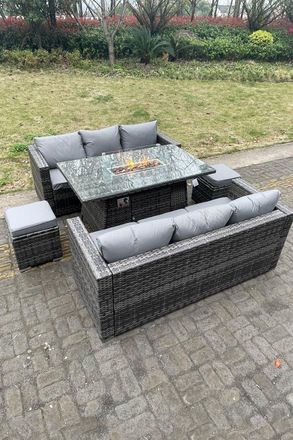 Fimous Outdoor PE Rattan Garden Furniture Gas Fire Pit Dining Table Lounge Sofa 2 PC Footstools Dark Grey
