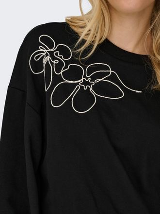 Only Sweatshirt ONLY ONLBROOK L/S CHEST EMB CS SWT, Damen, Gr. L, schwarz (schwarz detail:birch chest flower), Sweatware, Obermaterial: 60% Baumwolle, 40% 