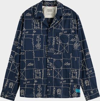 Maison Scotch Mens Allover Embroidered Button-Down Shirt