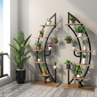 Costway Set De 2 Estanter&iacute;a Met&aacute;lica Para Plantas De 7 Niveles, Soporte Curvado En Forma De Media Luna Con Gancho Superior, Dispositivo Antivuelco, Estanter&iacute;a