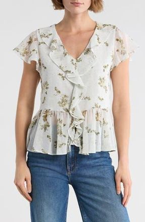 Melrose and Market Flutter Sleeve Chiffon Peplum Top in Blue- Olive Feather Floral at Nordstrom Rack, Size Xx-Large