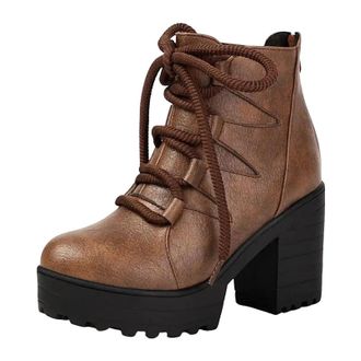 Generic Ladies Retro Ankle Boots Round Toe Super High Chunky Heel Platform With Side Zipper And Lace Up Detail Daily Shoes