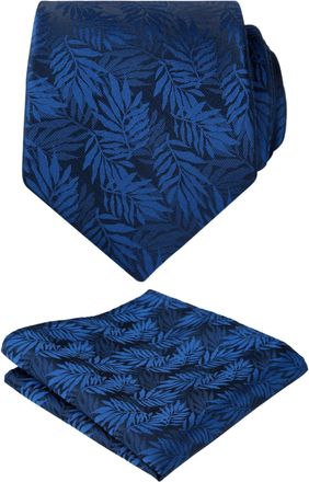 Alizeal Mens Leaves Pattern Wedding Party Tie with Pocket Square 8cm Self-tied Necktie Set, Dark Navy
