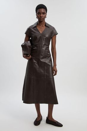 Karen Millen Womens Leather Collared Tailored Midi Dress - Chocolate - Size 12 UK