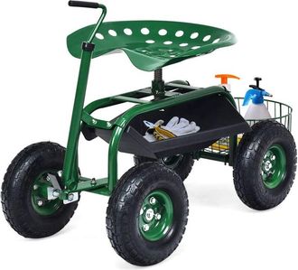 Costway Costway - Asiento De Jard&iacute;n Con Ruedas Y Asa Extensible, Taburete M&oacute;vil De Trabajo De Jardiner&iacute;a Con Cesta, Asiento Ajustable, 2 Bandejas De Herramien