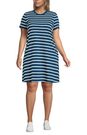 Lands End Cotton Jersey Crew Neck T Shirt Dress in Baltic Teal Spaced Stripe at Nordstrom, Size 2X