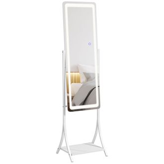 HOMCOM Full Length Mirror with LED Lights - Dimmable Free Standing Full Body Mirror with 3 Temperature Colours - Adjustable Angle and Storage Shelf fo