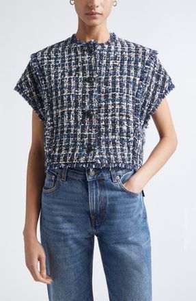 St. John Fringe Cap Sleeve Multicolor Check Tweed Jacket in Tourmaline Multi at Nordstrom, Size X-Large