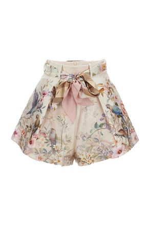 Zimmermann Floral Print Silk-Cotton Blend Tuck Shorts with Removable Scarf Belt