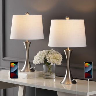 Jonathan Y Designs Bennett Modern Glam Iron Hourglass LED Table Lamp with USB Charging Port in Nickel at Nordstrom