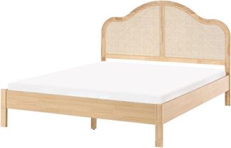 Beliani Bed Frame Light Brown MDF EU King Size 5ft3 with Wooden Legs and High Rattan Headboard Boho Style HOUNOUX
