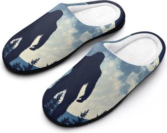 Generic Bigfoot Silhouette Moon Cotton Womens Slip-on Slippers Winter Warm House Shoes with Rubber Sole for Home Office Hotel
