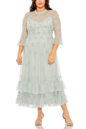 Mac Duggal High Neck Embellished Flutter Half Length Sleeve in Sage at Nordstrom, Size 14W