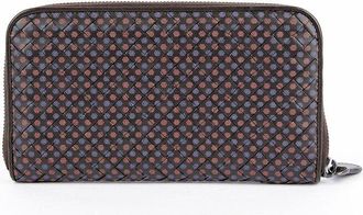 Bottega Veneta Brown Intrecciato Leather Flower Pattern Zipped Long Wallet (Authentic Pre-Loved)