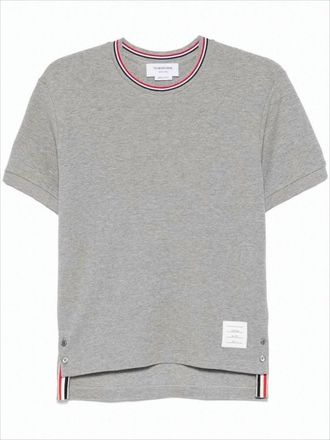 Thom Browne Short-Sleeve Cotton T-Shirt With Striped Neckline And Snap Hem