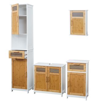 Hhg Hhg - Conjunto De Ba&ntilde;o 146, Muebles De Ba&ntilde;o Mueble Alto Lavabo Mueble Bajo Mueble Alto Mueble Alto Cajonera Bamb&uacute;, Certificado Mvg Blanco