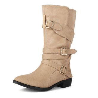 Generic Womens Pointed Toe Low Heels Western Cowgirl Boots Mid Calf Pull On with Buckle Straps Winter Casual Dress Shoes (7.5,Beige)