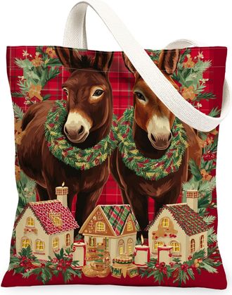 Generic Christmas Donkey Canvas Tote Bags, Festive Animal Pattern Reusable Grocery Bags, Winter Rustic Lightweight Washable Shoulde, Red, 13x15 Inch