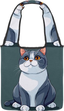 Generic Cartoon British Shorthair Cat Reversible Canvas Shoulder Tote - Double-Sided Print, 12oz Cotton, 27cm Drop, Fold-Flat Bag for Travel, Shopping, Street