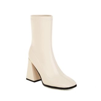 Generic Womens Stretch Casual Daily Ankle Boots - Slip-On Chunky Block Heel Booties,Beige,6.5 UK