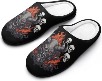 Generic Baphomet Satanic Goat Head Devil Skull Mens House Slippers Memory Foam Washable Cotton Slip on Home Shoes