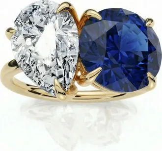 Pompeii3 5 1/2Ct Certified Blue Sapphire & Diamond Toi Et Moi Diamond Ring Gold Lab Grown