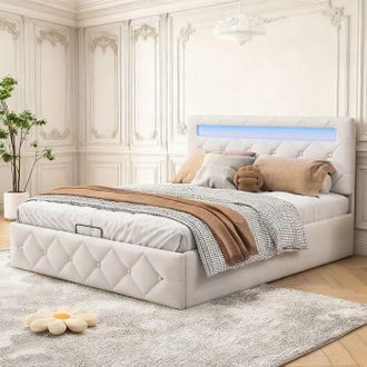 OEM Cama Lit 140x190 Terciopelo Beige - Led Rgb Integrada - Hidr&aacute;ulica - Somier Incluido - Cabecera Ajustable