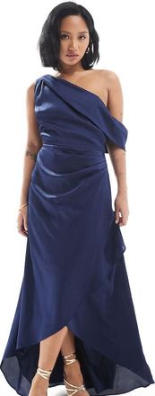 Tfnc Petite Bridesmaid satin fallen shoulder maxi dress with wrap skirt in navy