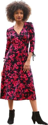 Joe Browns Stretch Knit Faux Wrap Midi Dress in Pink Floral at Nordstrom, Size Medium