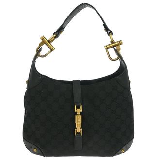 Gucci Piston Lock Jackie Hobo Gg Canvas Black Canvas Handbag (Pre-Owned)