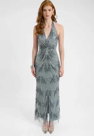 Beauut Embellished Sequin Beaded Maxi Dress With Knot Design in Misty Grey at Nordstrom, Size 14