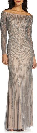 Adrianna Papell Beaded Long Sleeve Off the Shoulder Mermaid Gown in Sterling at Nordstrom Rack, Size 12