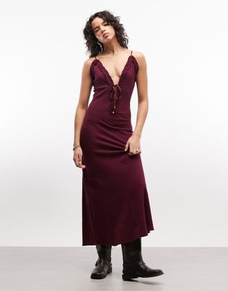 Asos Prendisole lungo con spalline sottili e scollo profondo color prugna con volant sui bordi-Multicolore