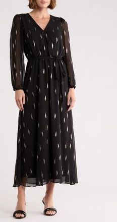 Halogen Dot Long Sleeve Faux Wrap Maxi Dress in Rich Black at Nordstrom Rack, Size X-Small