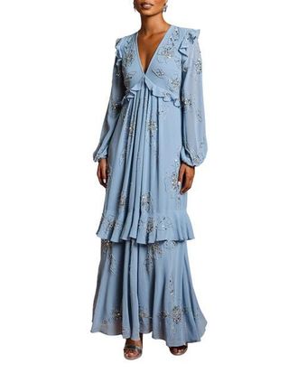 Coast Embellished Flower Georgette Midi Dress in Dusty Blue at Nordstrom, Size 4P