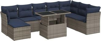 vidaXL 9 Piece Garden Sofa Set with Cushions Grey Poly Rattan Acacia Vidaxl