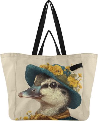 Generic Duck Hat Yellow print Reusable Canvas Tote Bag, Heavy Duty Grocery Shopping Bag with Hard Bottom Double Handles Large Capacity Work Groceries Travel