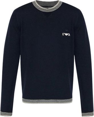 Emporio Armani Blauwe Sweater met Geborduurd Logo - Heren - Ronde hals truien - Blauw - L - Wol - Truien & Vesten
