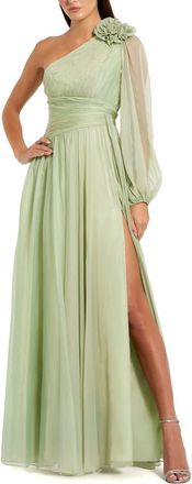 Mac Duggal One Shoulder 3D Flower Gown With Slit in Sage at Nordstrom, Size 4