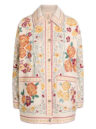 Free People floral-embroidered denim jacket - women - Cotton - S - Neutrals