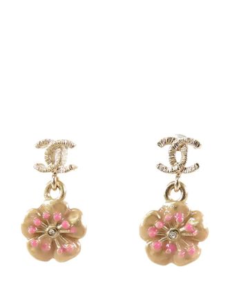 Chanel 2013 Gold Plated Enamel and Rhinestone CC Flower Drop Push Back Earrings costume earrings - Goud